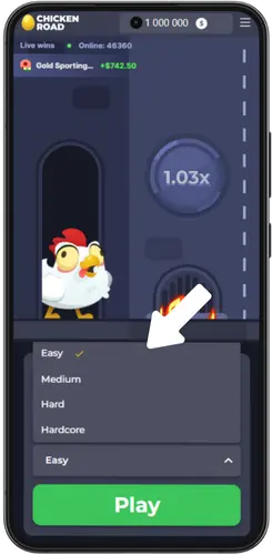 Chicken Road difficulty selection screen with risk levels
