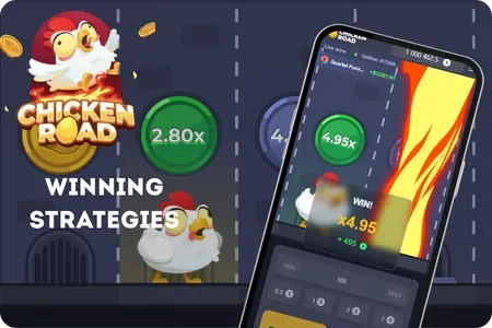 Chicken Road winning strategies screen showing multipliers, cash out result, and mobile gameplay interface